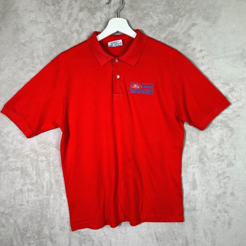 Vintage Ford Truck Motorsport L Polo‎ Shirt Red Embroidered Logo Hanes USA Rare